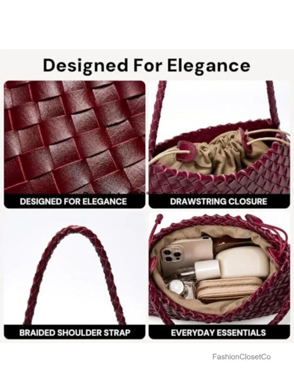 Woven Vegan Leather Hobo Bag Secure Drawstring Pouch Shoulder Clutch